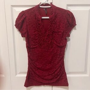 Vintage Maurices Red Floral Lace Frill Blouse Milkmaid Babydoll Y2K Office Siren